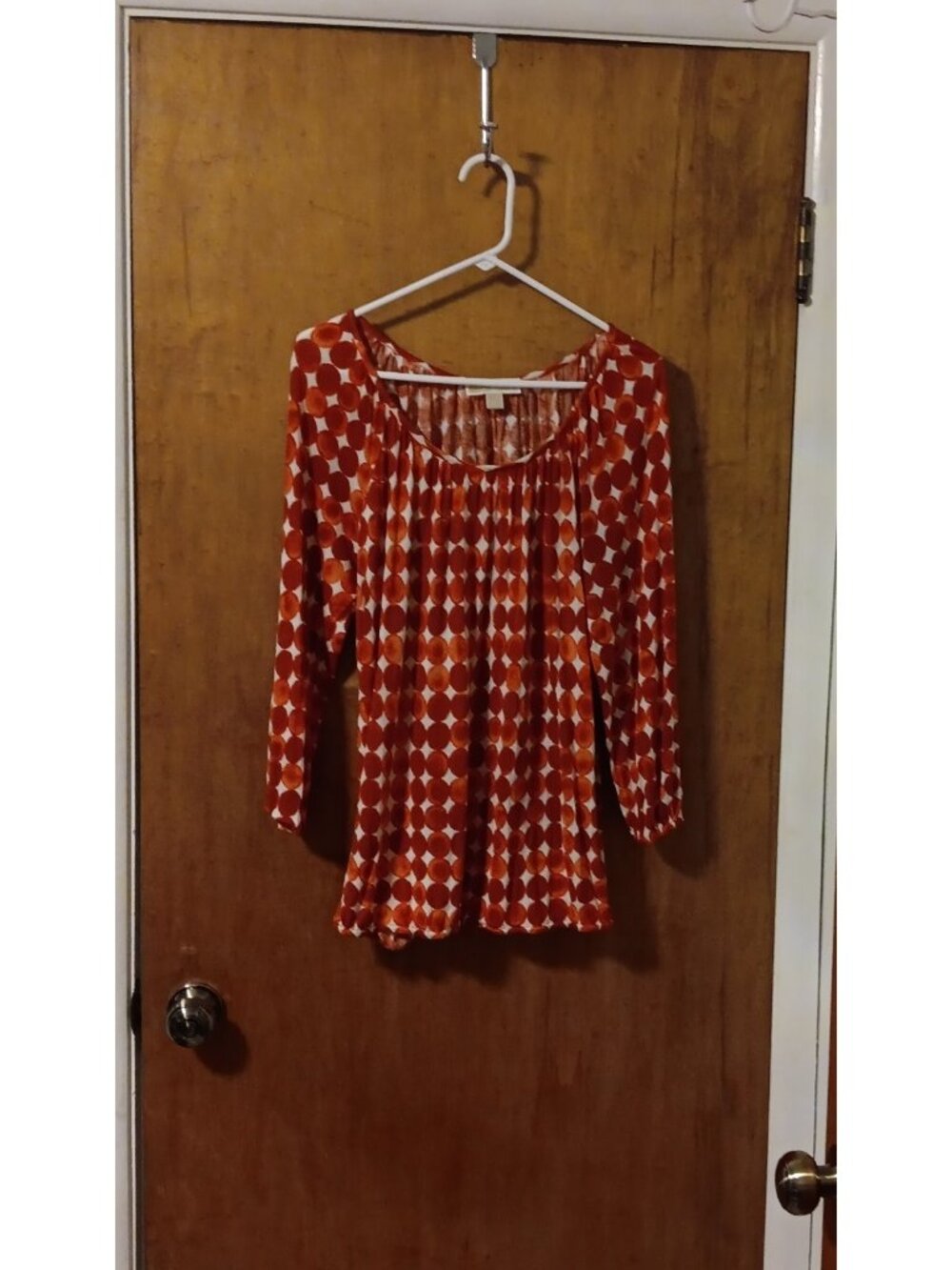 MICHAEL KORS Orange White Geometric Pattern Scoop Neck Blouse L 3/4 Sleeve